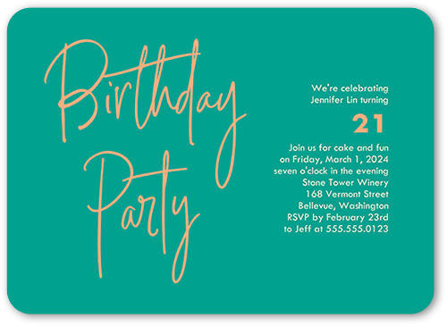 Handwritten Highlight Birthday Invitation, Green, 5x7 Flat, Standard Smooth Cardstock, Rounded