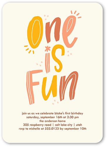 One Is Fun Birthday Invitation, Orange, 5x7 Flat, Signature Smooth Cardstock, Rounded