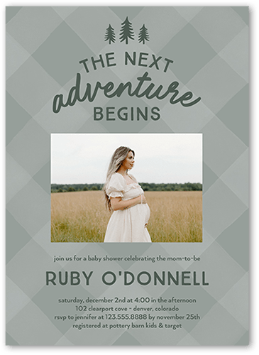 Plaid Adventures Baby Shower Invitation, Green, 5x7 Flat, Pearl Shimmer Cardstock, Square
