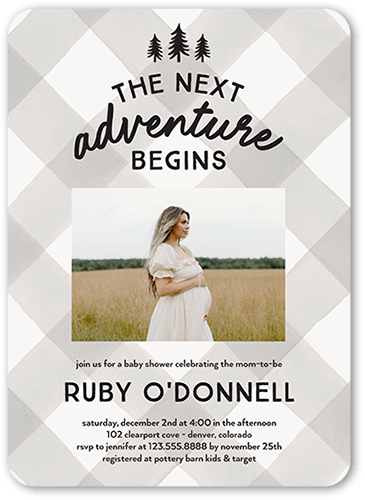 Plaid Adventures Baby Shower Invitation, Grey, 5x7 Flat, Pearl Shimmer Cardstock, Rounded