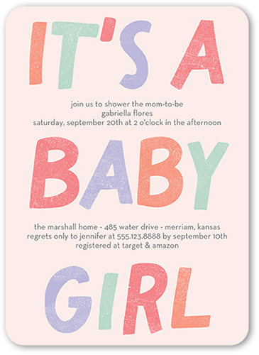 Fanciful Color Baby Shower Invitation, Pink, 5x7 Flat, Standard Smooth Cardstock, Rounded, Chenille
