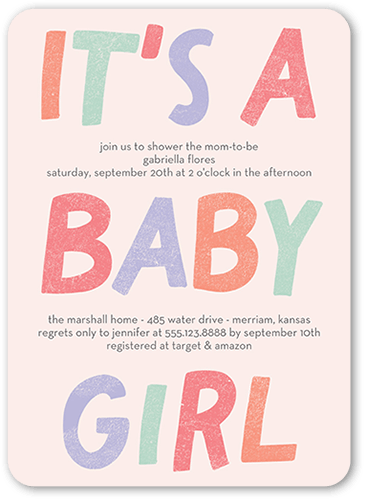 Fanciful Color Baby Shower Invitation, Pink, 5x7 Flat, Pearl Shimmer Cardstock, Rounded