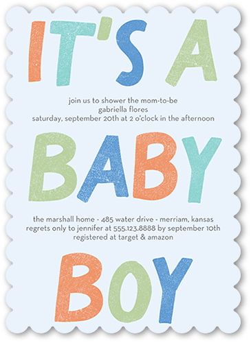 Fanciful Color Baby Shower Invitation, Blue, 5x7 Flat, Pearl Shimmer Cardstock, Scallop
