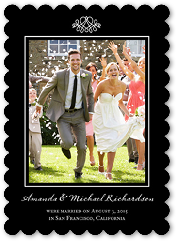 Favorite Flourish Wedding Announcement, Black, Pearl Shimmer Cardstock, Scallop