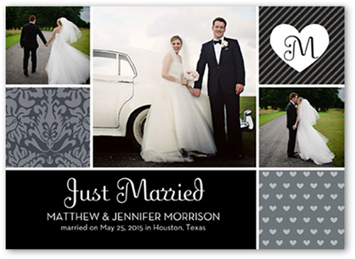 Patterned Initial Wedding Announcement, Black, Standard Smooth Cardstock, Square