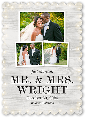 Framed In Lights Wedding Announcement, Gray, 5x7 Flat, Pearl Shimmer Cardstock, Scallop