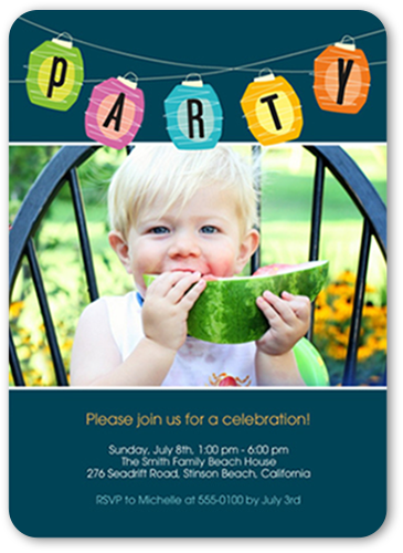 Bright Paper Lanterns Summer Invitation, Blue, 100% Recycled Cardstock , Rounded