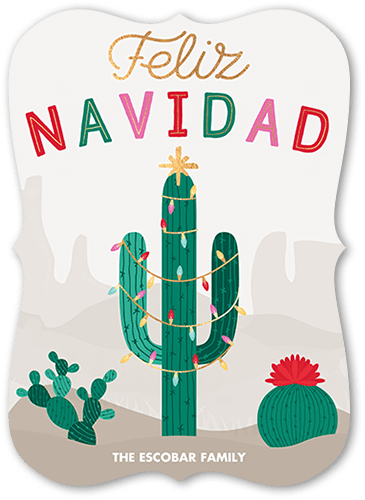 Festive Cactus Tarjeta de Navidad, Beige, 5x7 Flat, Feliz Navidad, 100% Recycled Cardstock , Bracket