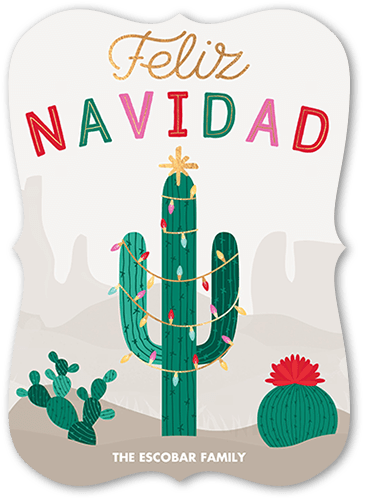 Festive Cactus Tarjeta de Navidad, Beige, 5x7 Flat, Feliz Navidad, Signature Smooth Cardstock, Bracket