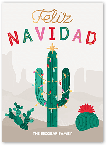 Festive Cactus Tarjeta de Navidad, Beige, 5x7 Flat, Feliz Navidad, 100% Recycled Cardstock , Square, Rye