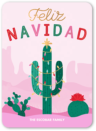 Festive Cactus Tarjeta de Navidad, Green, 5x7 Flat, Feliz Navidad, 100% Recycled Cardstock , Rounded