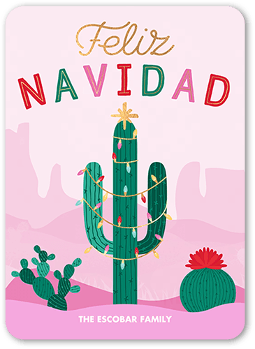 Festive Cactus Tarjeta de Navidad, Green, 5x7 Flat, Feliz Navidad, Standard Smooth Cardstock, Rounded