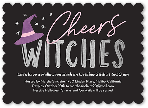 Cheers Witches Halloween Invitation, Grey, 5x7 Flat, Signature Smooth Cardstock, Scallop