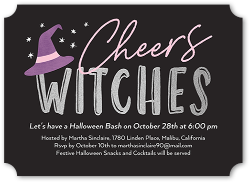 Cheers Witches Halloween Invitation, Grey, 5x7, Pearl Shimmer Cardstock, Ticket