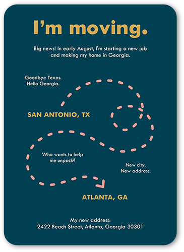 Moving Map Moving Announcement, Blue, 5x7 Flat, Write Your Own Greeting, Standard Smooth Cardstock, Rounded