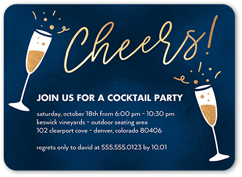 Bubbly Cheers Party Invitation, Blue, 5x7 Flat, Pearl Shimmer Cardstock, Rounded