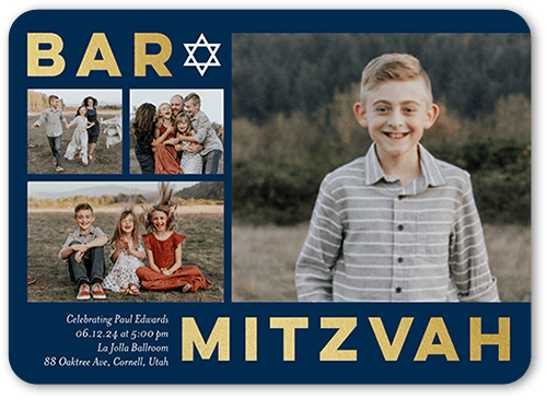 Big Block Gallery Bar Mitzvah Invitation, Blue, 5x7 Flat, Signature Smooth Cardstock, Rounded, Navy