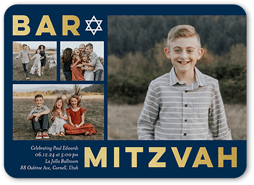 Big Block Gallery Bar Mitzvah Invitation, Blue, 5x7 Flat, Signature Smooth Cardstock, Rounded