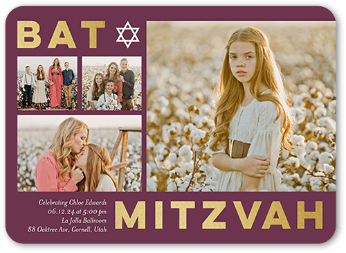Bold Block Gallery Bat Mitzvah Invitation, Purple, 5x7 Flat, Pearl Shimmer Cardstock, Rounded, Chambord