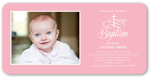 Celebration Cross Girl Baptism Invitation, Pink, Standard Smooth Cardstock, Rounded, Peony