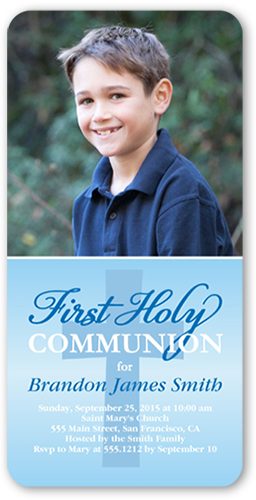 Heavenly Cross Boy Communion Invitation, Blue, Standard Smooth Cardstock, Rounded