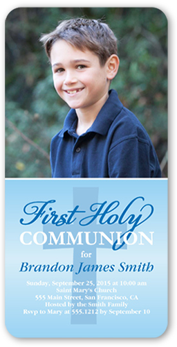 Heavenly Cross Boy Communion Invitation, Blue, Signature Smooth Cardstock, Rounded, Ocean Mist