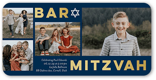 Big Block Gallery Bar Mitzvah Invitation, Blue, 4x8 Flat, Standard Smooth Cardstock, Rounded, Navy