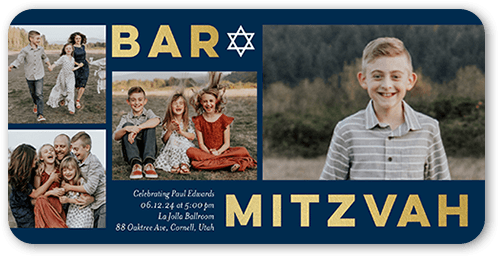 Big Block Gallery Bar Mitzvah Invitation, Blue, 4x8 Flat, Pearl Shimmer Cardstock, Rounded