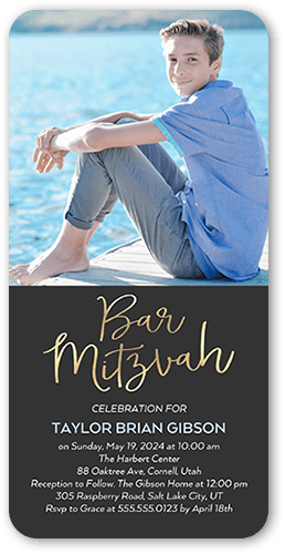 Bold Whimsy Bar Mitzvah Invitation, Grey, 4x8 Flat, 100% Recycled Cardstock , Rounded