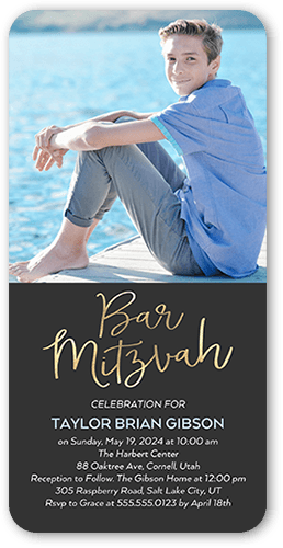 Bold Whimsy Bar Mitzvah Invitation, Grey, 4x8 Flat, Standard Smooth Cardstock, Rounded