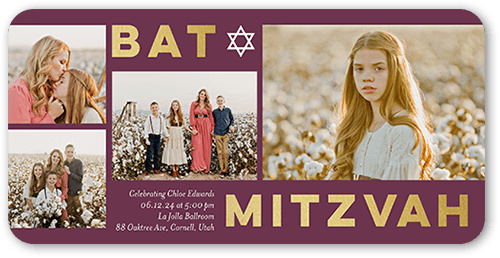 Bold Block Gallery Bat Mitzvah Invitation, Purple, 4x8 Flat, Signature Smooth Cardstock, Rounded, Chambord