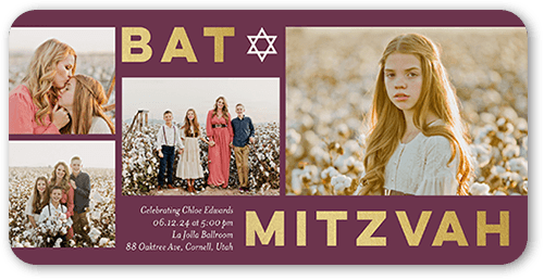 Bold Block Gallery Bat Mitzvah Invitation, Purple, 4x8 Flat, Pearl Shimmer Cardstock, Rounded