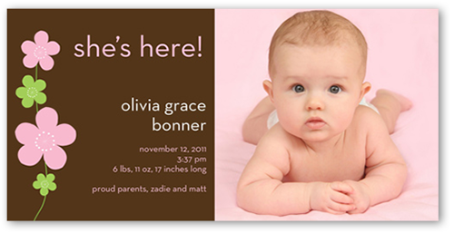 Flower Power Pink Birth Announcement, Brown, Standard Smooth Cardstock, Square