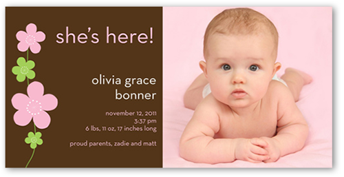Flower Power Pink Birth Announcement, Brown, 100% Recycled Cardstock , Square