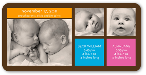 Modern Twins Birth Announcement, Multicolor, Standard Smooth Cardstock, Rounded
