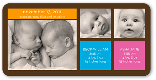 Modern Twins Birth Announcement, Multicolor, Pearl Shimmer Cardstock, Rounded