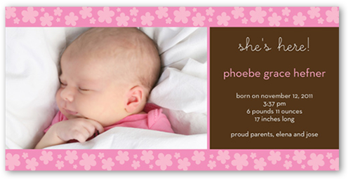 Poppy Pink Birth Announcement, Brown, Pearl Shimmer Cardstock, Square