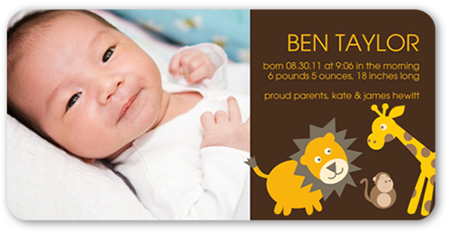 Safari Friends Cocoa Birth Announcement, Brown, Pearl Shimmer Cardstock, Rounded