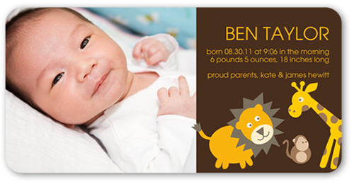 Safari Friends Cocoa Birth Announcement, Brown, Pearl Shimmer Cardstock, Rounded, Brown