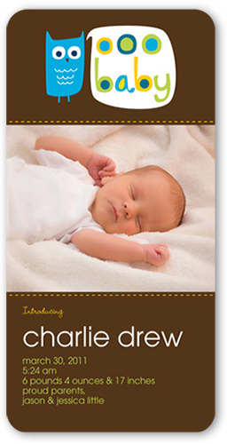 Whoo's That Blue Birth Announcement, Brown, Standard Smooth Cardstock, Rounded