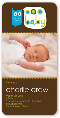 Whoo's That Blue Birth Announcement, Brown, Pearl Shimmer Cardstock, Rounded, Brown