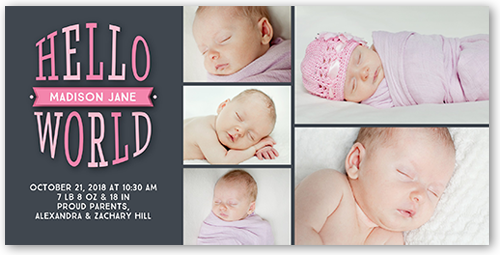 Hello Newborn Girl Birth Announcement, Gray, Pearl Shimmer Cardstock, Square