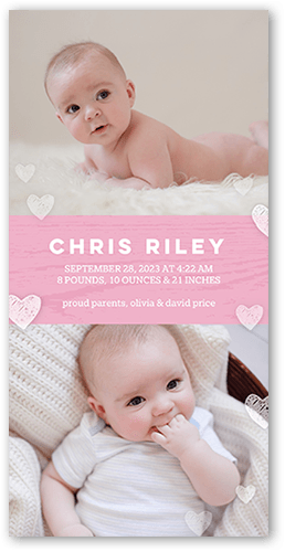 Gentle Hearts Birth Announcement, Pink, 4x8 Flat, Signature Smooth Cardstock, Square