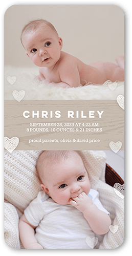 Gentle Hearts Birth Announcement, Beige, 4x8 Flat, Standard Smooth Cardstock, Rounded