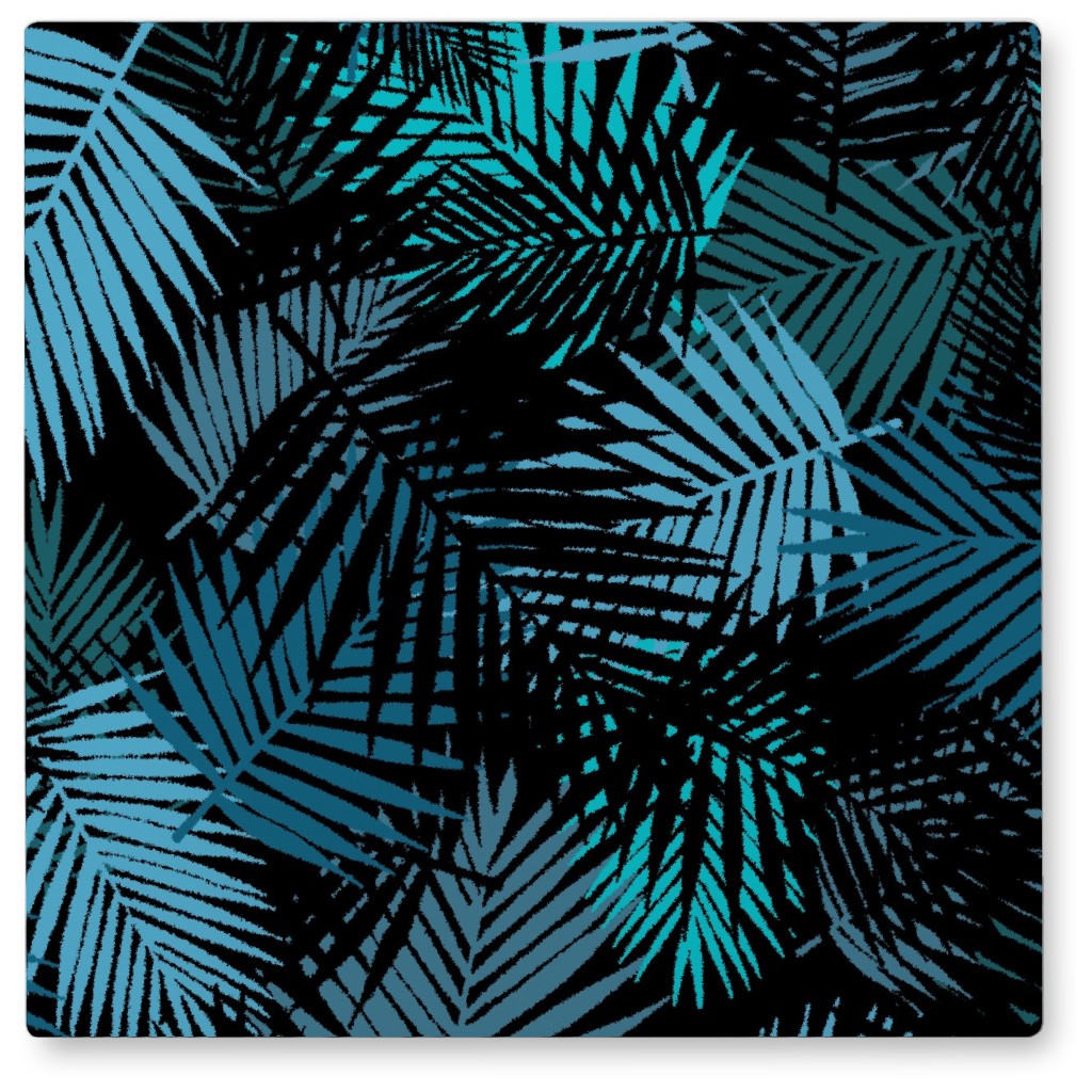 Tropical Leaves - Blue and Green Photo Tile, Metal, 8x8, Blue