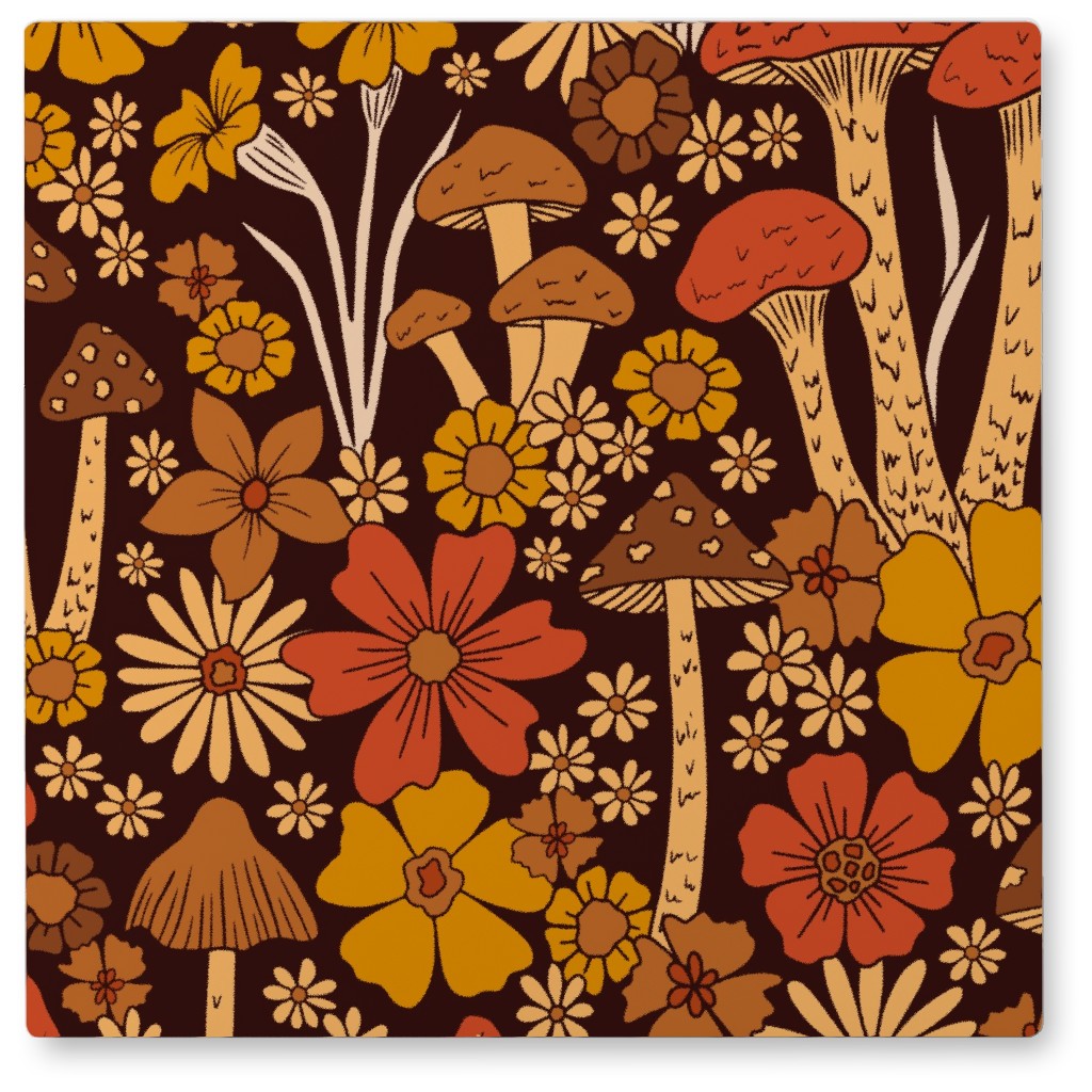 Retro 1970s Mushroom & Flowers - Brown and Orange Photo Tile, Metal, 8x8, Orange