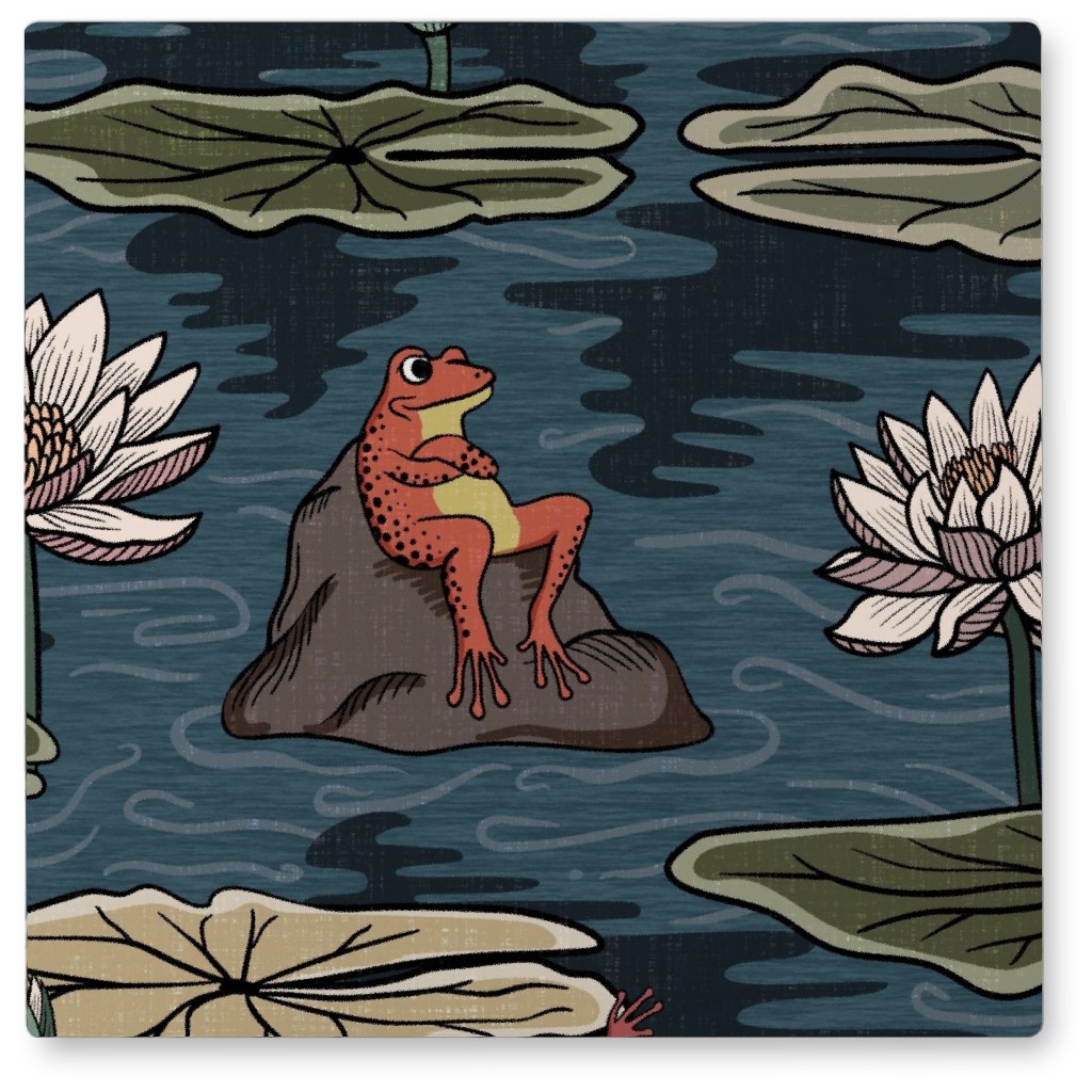 Quirky Frogs Dancing in the Moonlight on Lily Pads Photo Tile, Metal, 8x8, Blue