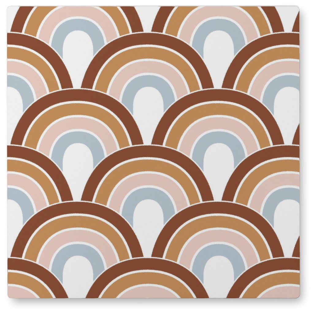 Retro Rainbow Waves - Scales and Curves - Rust Beige Blush Blue on White Photo Tile, Metal, 8x8, Orange