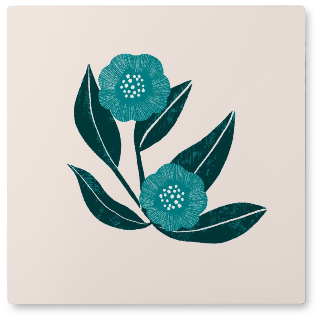 Green and Teal Flowers Photo Tile, Metal, 8x8, Blue, True Blue