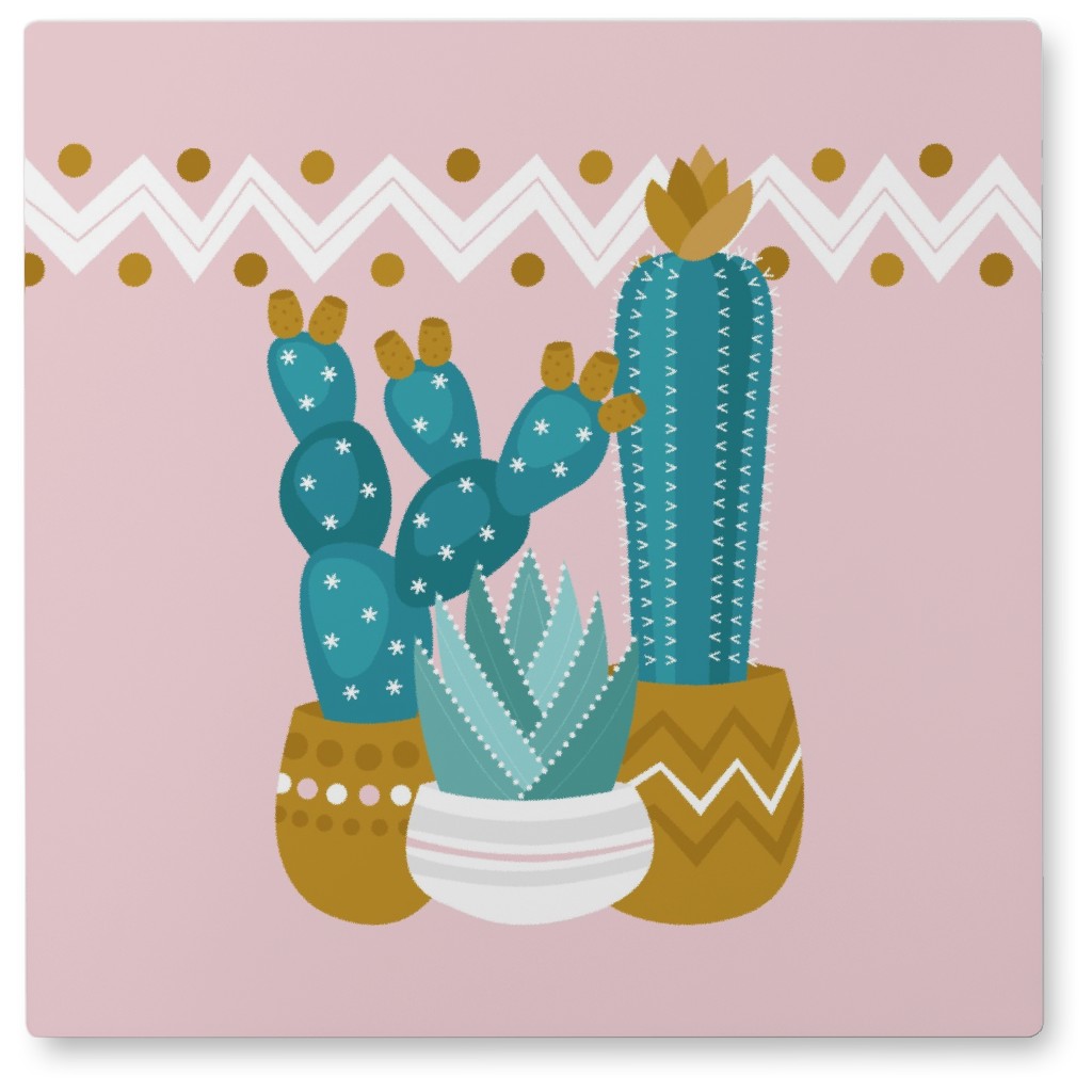 Potted Cacti & Succulents - Green and Pink Photo Tile, Metal, 8x8, Pink